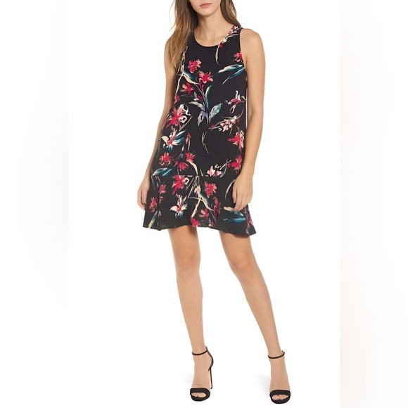 Leith Black Flounce Hem Sleeveless Mini Dress W/Botanical Floral Design. Size XS - Picture 7 of 8